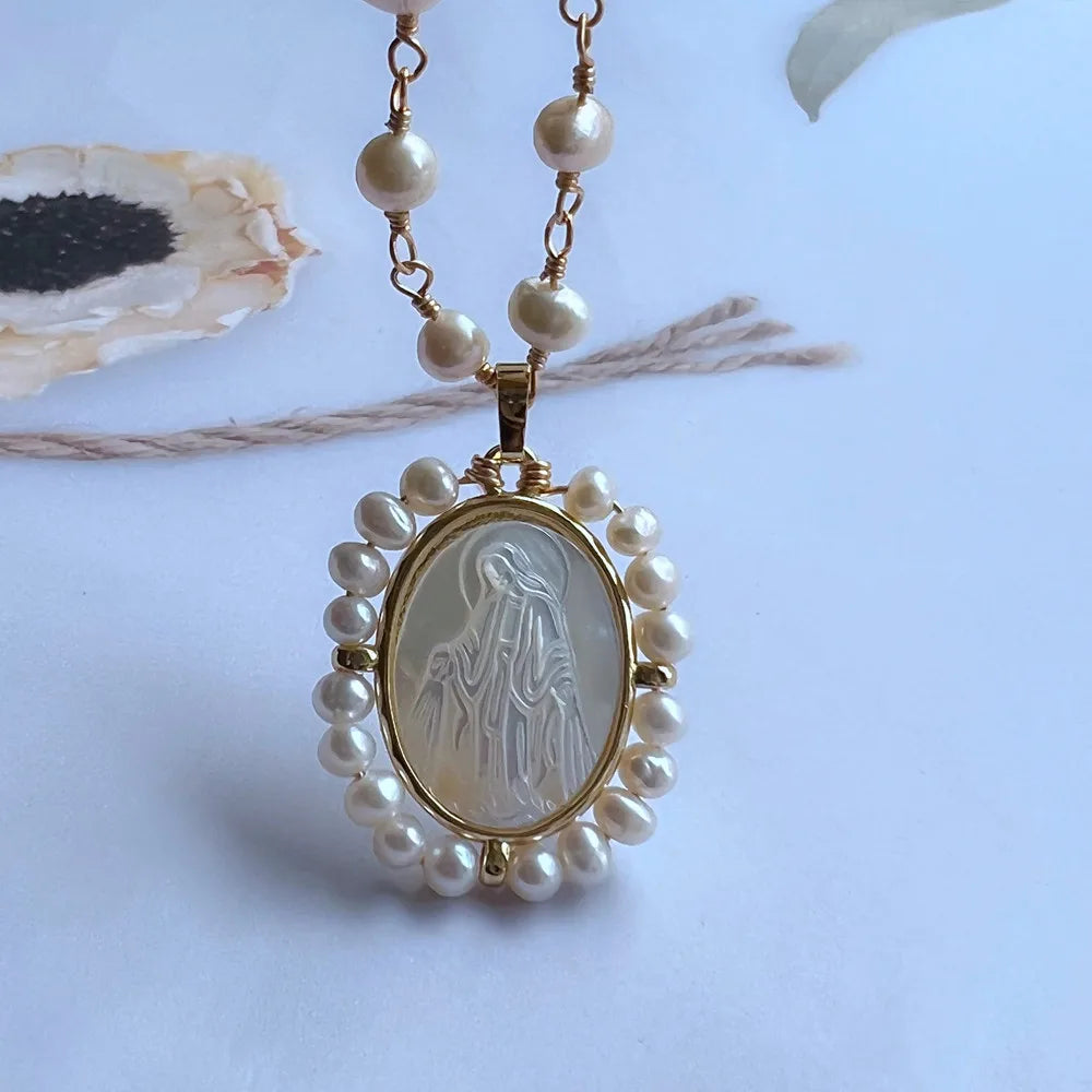 Promotion! Natural Freshwater Pearl Sacred Heart & Guadalupe Mother Pearl Necklace for Women Gift San Benito Medals with Pearls