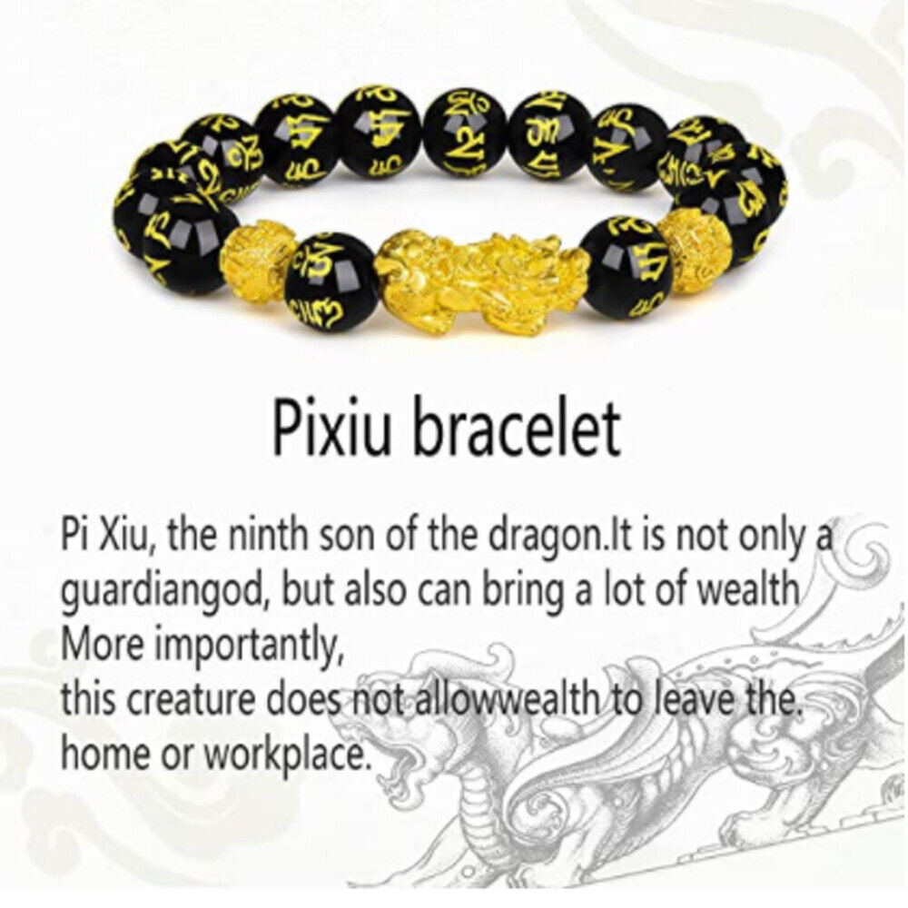 Feng Shui Black Obsidian Beads Bracelet Attract Wealth Good Luck Bangle Pixiu US