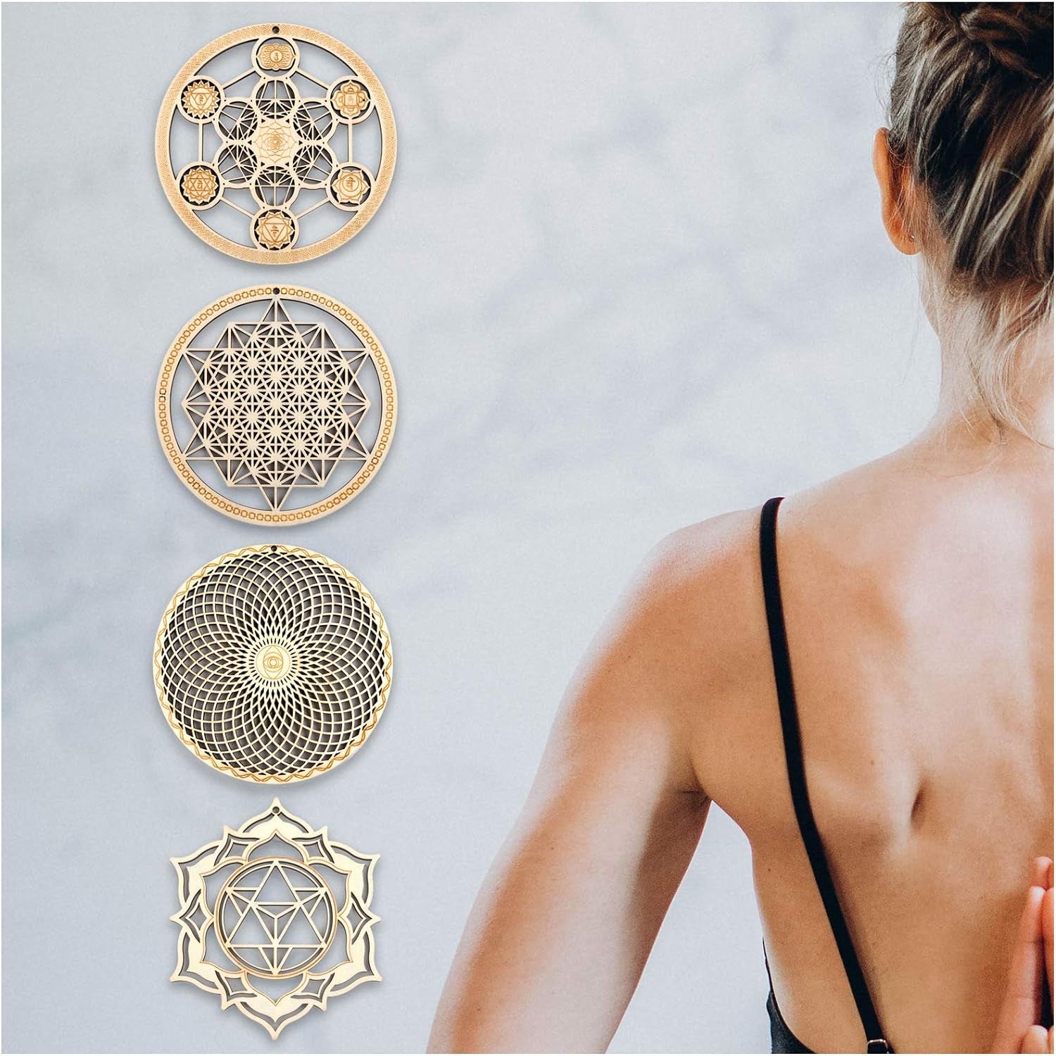 5.31" Sacred Geometry Wall Art 4 PCS Set, (Metatron Cube, 64 Tetrahedron, Torus, Merkaba) Crystal Grid Meditation Chakra Wooden Wall Art Yoga Decor Spiritual Gifts