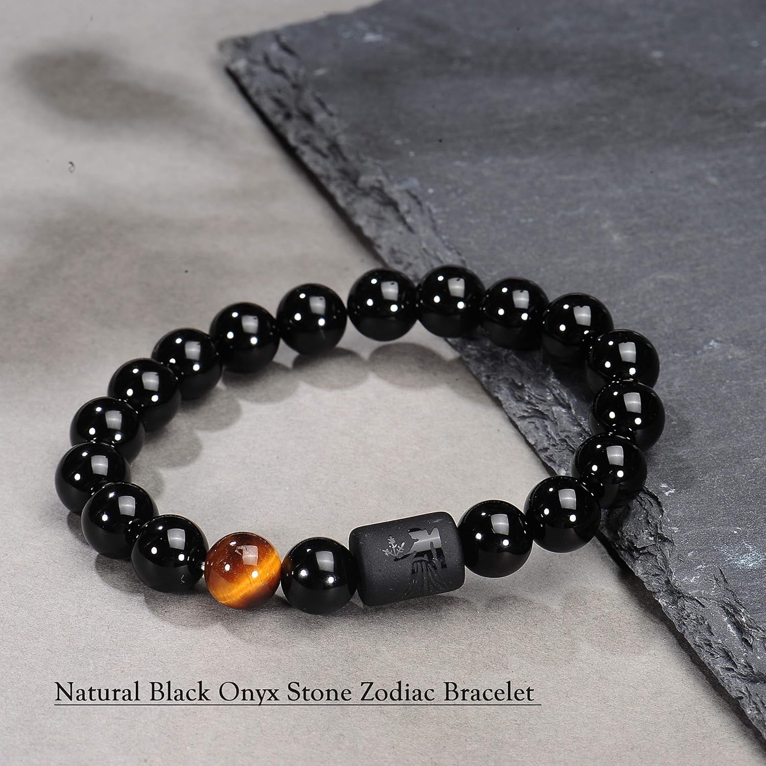 Zodiac Bracelet for Men Women, 8Mm 10Mm Natural Black Onyx Stone Star Sign Constellation Horoscope Bracelet Gifts