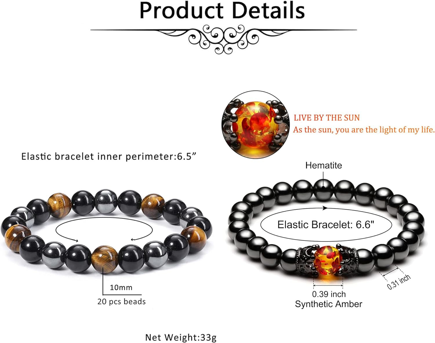 Hematite Black Obsidian Tiger Eye Stone Bracelets for Men Women 10Mm Natural round Gemstone Beads Beaded Healing Crystal Bracelet for Protection, Good Luck