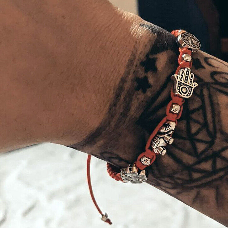 Red San Benito St Benedict Medal Hamsa Hand Elephant Four-Leaf Clover Bracelet