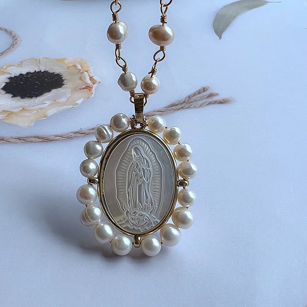 Promotion! Natural Freshwater Pearl Sacred Heart & Guadalupe Mother Pearl Necklace for Women Gift San Benito Medals with Pearls