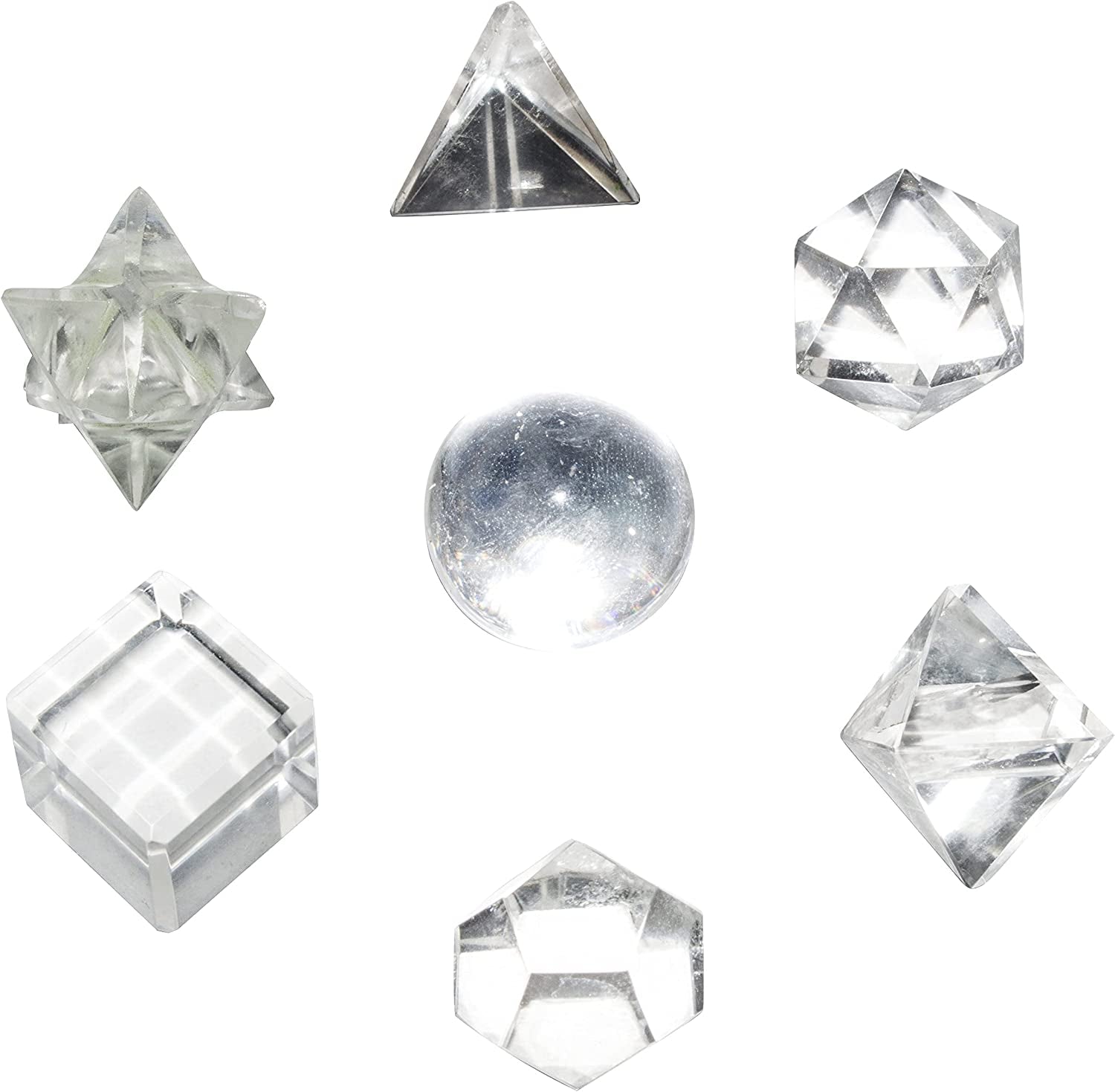 Clear Quartz 7 Pcs Platonic Solid Sacred Stones Geometry Set for Reiki Healing Chakra Stone Balancing Crystal Cleansing Spiritual Money Good Luck Decor Size: 15-20 Mm