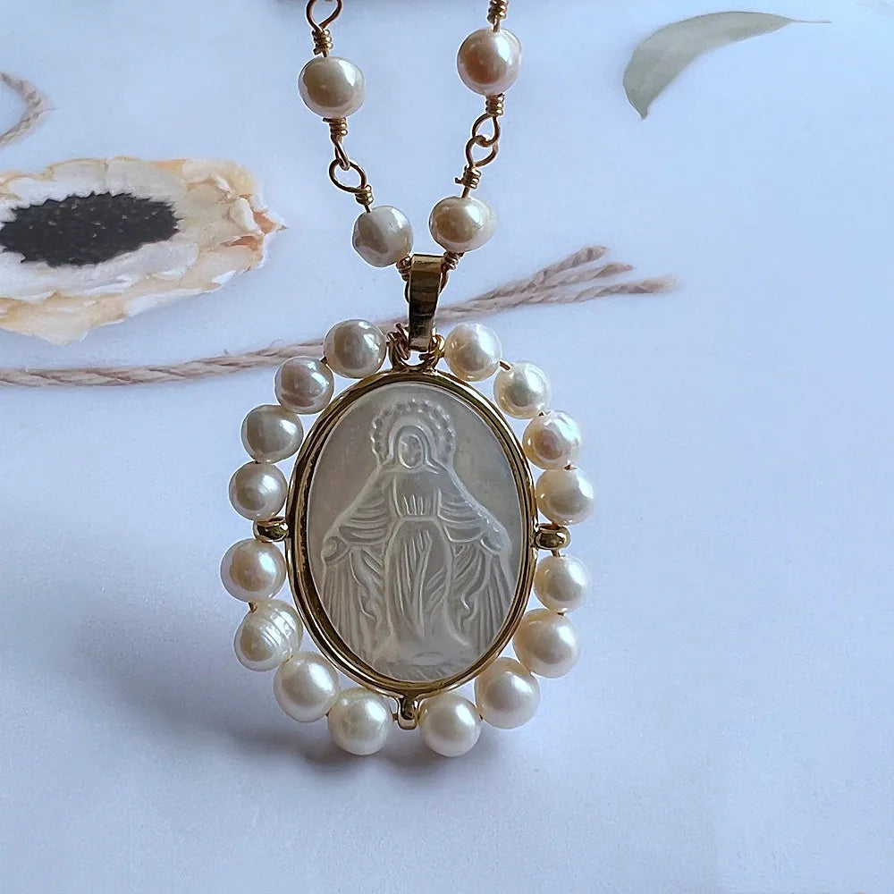 Promotion! Natural Freshwater Pearl Sacred Heart & Guadalupe Mother Pearl Necklace for Women Gift San Benito Medals with Pearls