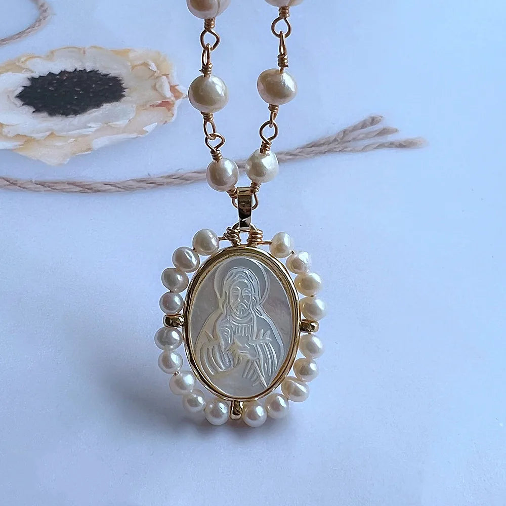 Promotion! Natural Freshwater Pearl Sacred Heart & Guadalupe Mother Pearl Necklace for Women Gift San Benito Medals with Pearls