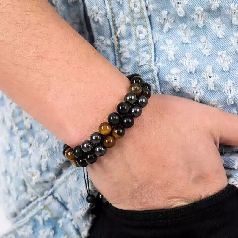 Men Bracelet Triple Protection Black Obsidian Hematite 8Mm Beads Bracelet