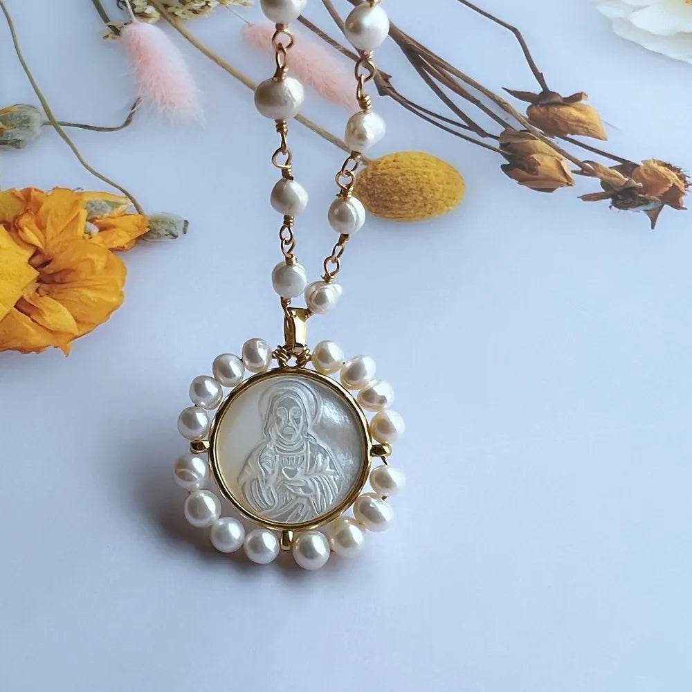 Natural Freshwater Pearl Virgin Mary Charms Necklace Natural Mother Pearl Shell Religious Medals San Benito Necklace for Gift