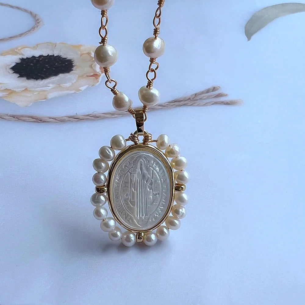 Promotion! Natural Freshwater Pearl Sacred Heart & Guadalupe Mother Pearl Necklace for Women Gift San Benito Medals with Pearls