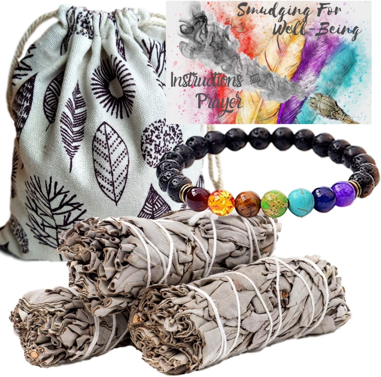 Sage Smudge Kit – 3 White Sage Smudge Sticks Smudging Kit, Sage Bundles & Bonus 7 Chakra Stones Diffuser Bracelet Set,Sage Incense Sticks for Cleansing, Bag, Instructions, Positive Vibes Charitable!