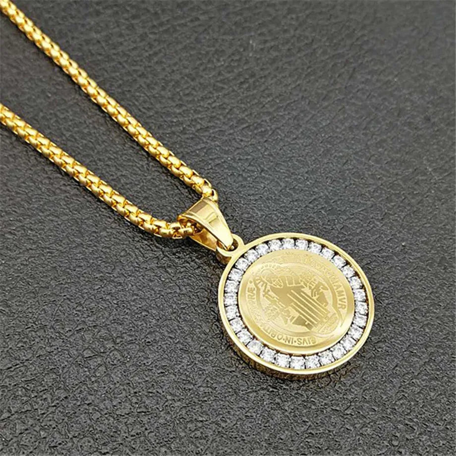 Hip Hop Iced Out San Benito Holy Medal Pendant with Chain Gold Color Stainless Steel Jesus Necklace Religious Jewelry