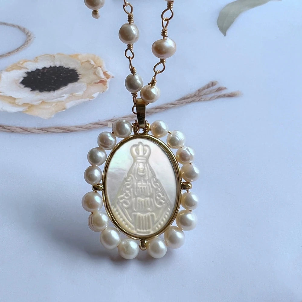 Promotion! Natural Freshwater Pearl Sacred Heart & Guadalupe Mother Pearl Necklace for Women Gift San Benito Medals with Pearls