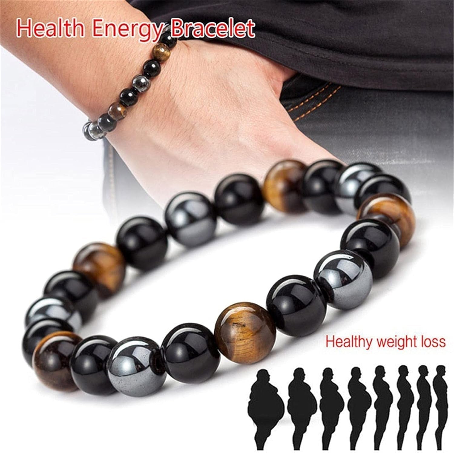 Triple Protection Bracelet for Bring Luck and Prosperity Hematite Black Obsidian Tiger Eye Stone Bracelets for Men Women, Beaded Buddha Healing Rope Uni Bracelet (2Pcs)