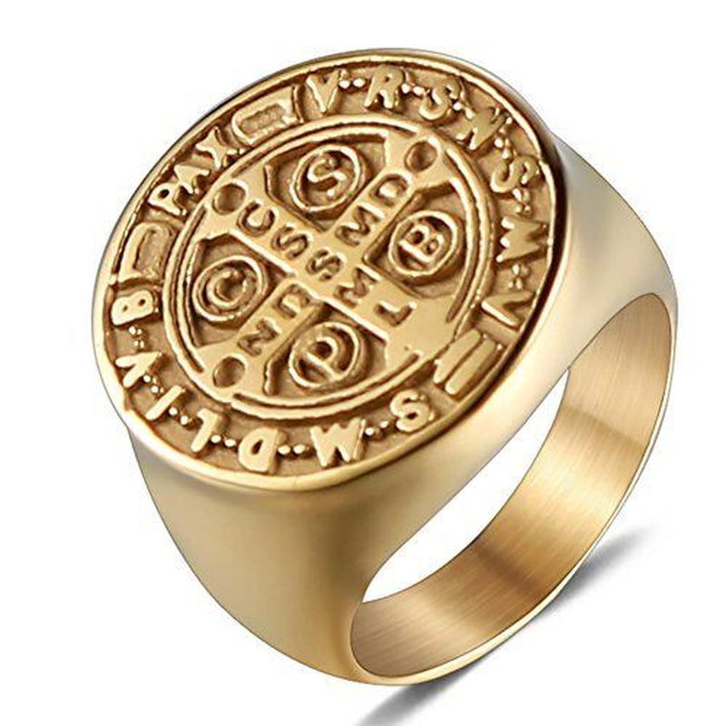 Anillo De San Benito De Oro De Acero Inoxidable Para Hombre, Size 10