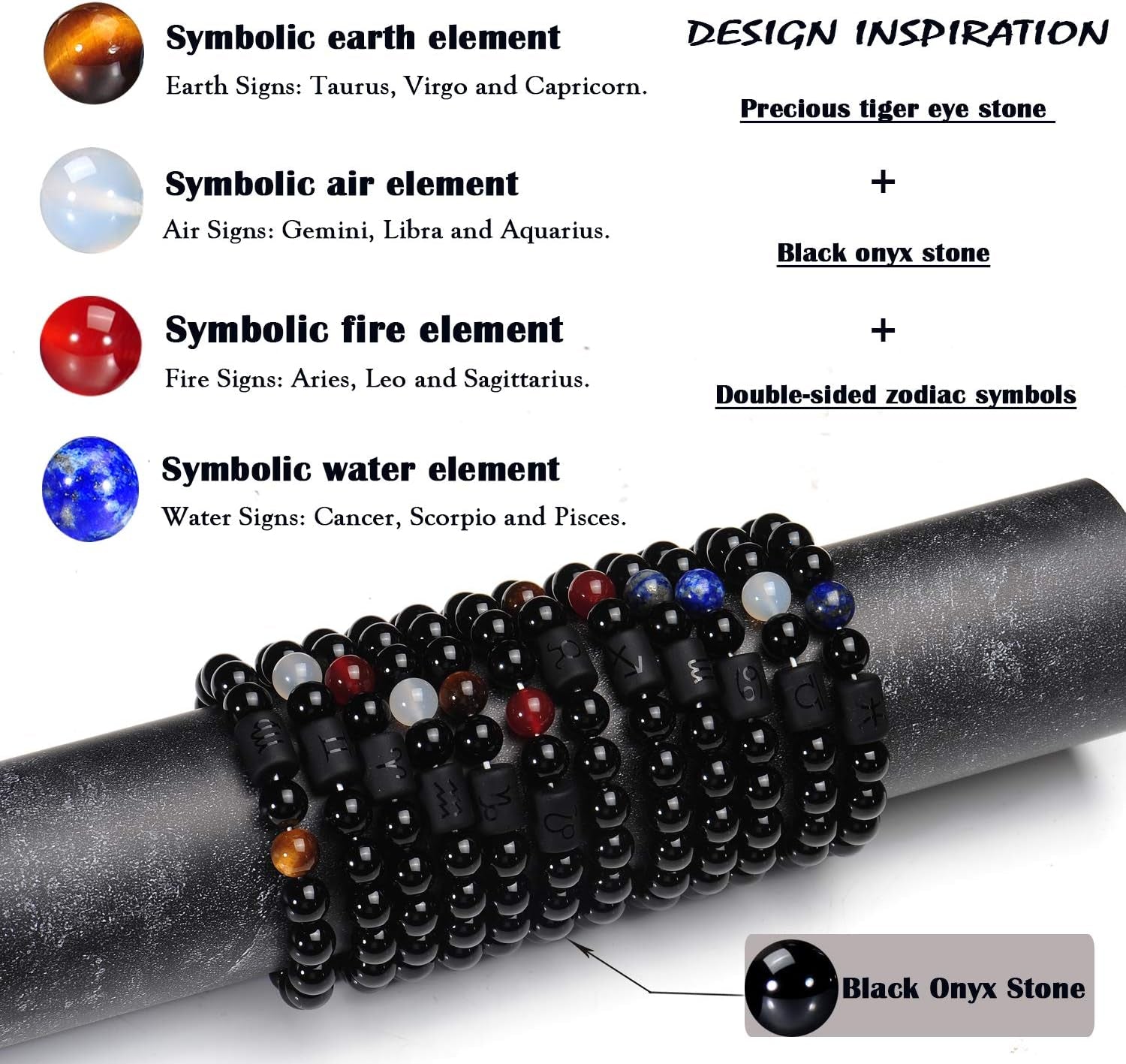 Zodiac Bracelet for Men Women, 8Mm 10Mm Natural Black Onyx Stone Star Sign Constellation Horoscope Bracelet Gifts