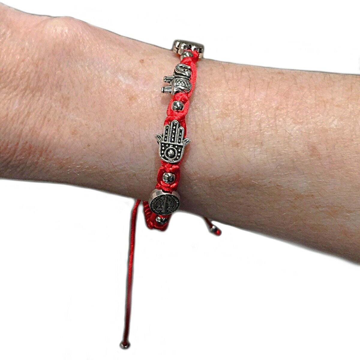 Red San Benito St Benedict Medal Hamsa Hand Elephant Four-Leaf Clover Bracelet