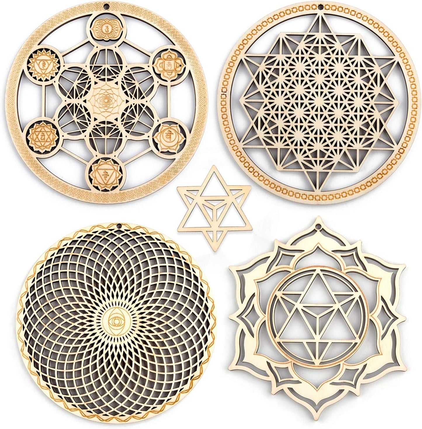 5.31" Sacred Geometry Wall Art 4 PCS Set, (Metatron Cube, 64 Tetrahedron, Torus, Merkaba) Crystal Grid Meditation Chakra Wooden Wall Art Yoga Decor Spiritual Gifts