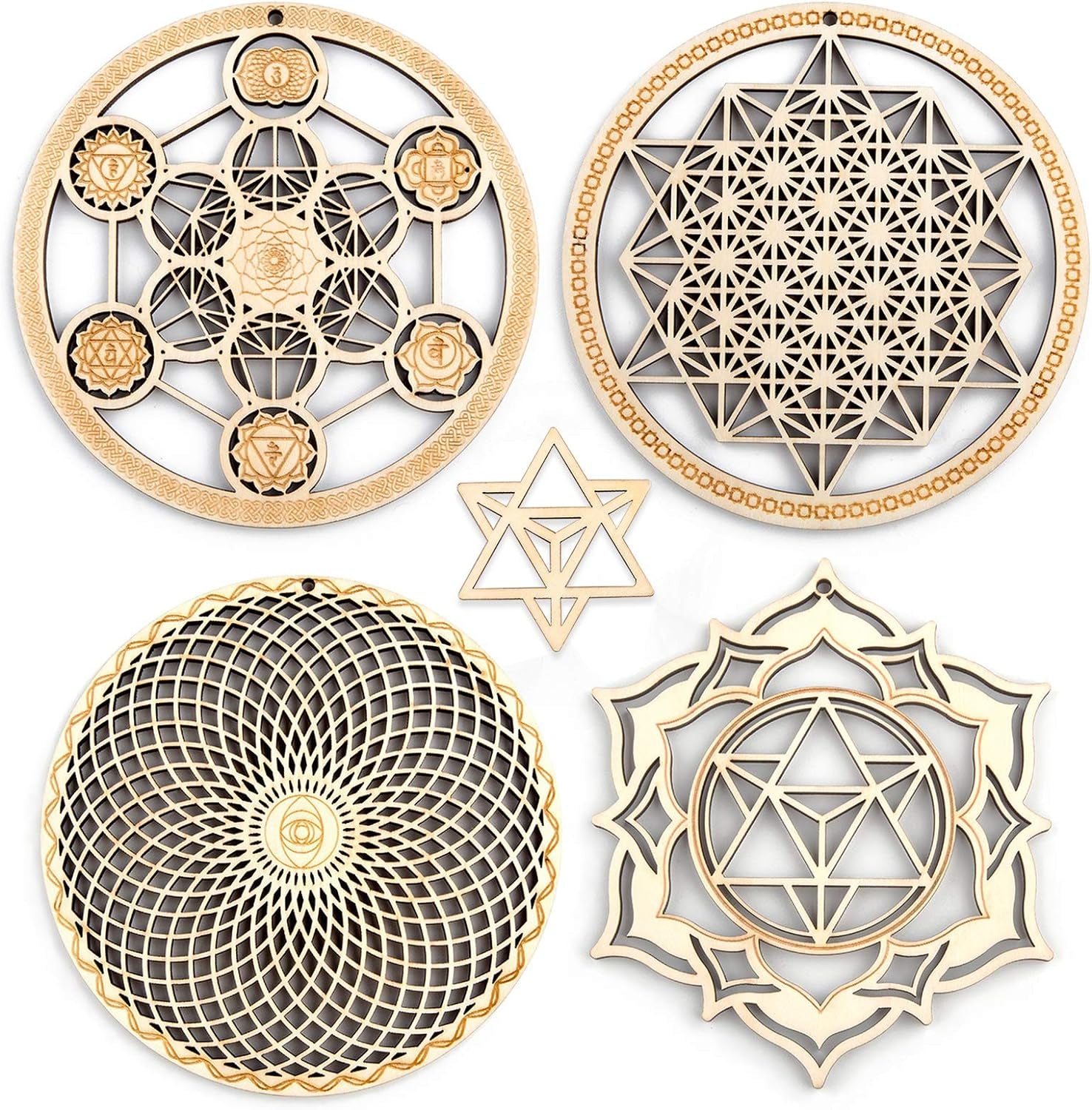 5.31" Sacred Geometry Wall Art 4 PCS Set, (Metatron Cube, 64 Tetrahedron, Torus, Merkaba) Crystal Grid Meditation Chakra Wooden Wall Art Yoga Decor Spiritual Gifts