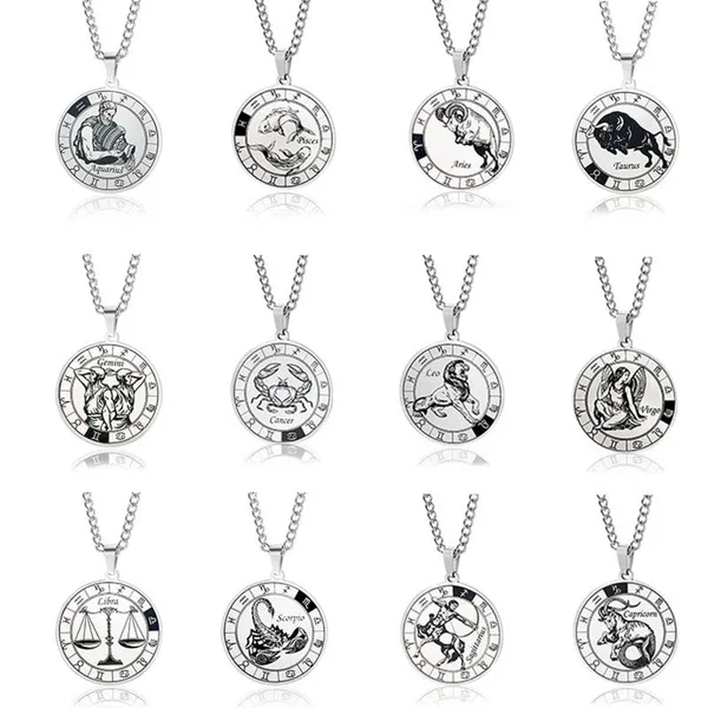 12 Constellation Pendant Necklace Men and Women Titanium Steel Domineering Personality Fashion Leo Turntable Couple Stainless Steel Necklace