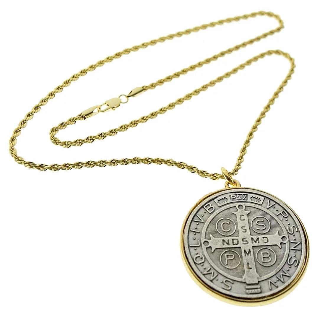 Medalla De San Benito Necklace 48Mm Medal Saint St Benedict Catholic Pendant 24" X 3MM Rope Chain