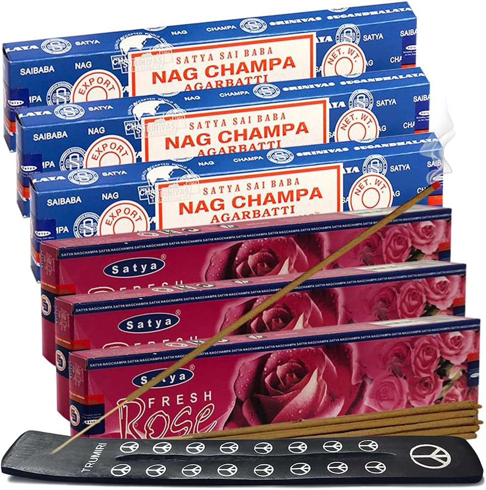 Nag Champa Rose Incense Sticks & Holder Bundle Variety Pack from House of Satya Incense Sticks and