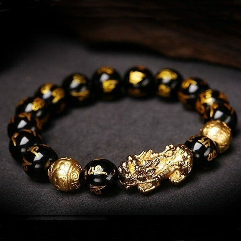 Feng Shui Black Obsidian Beads Bracelet Attract Wealth Good Luck Bangle Pixiu US