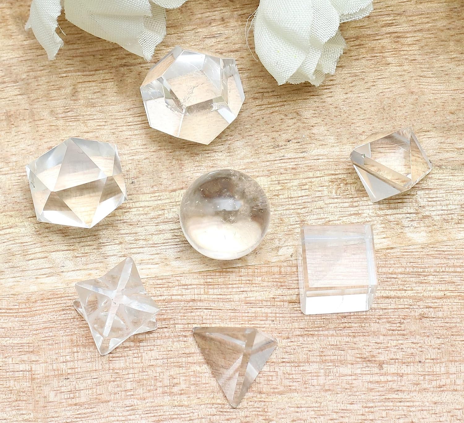 Clear Quartz 7 Pcs Platonic Solid Sacred Stones Geometry Set for Reiki Healing Chakra Stone Balancing Crystal Cleansing Spiritual Money Good Luck Decor Size: 15-20 Mm