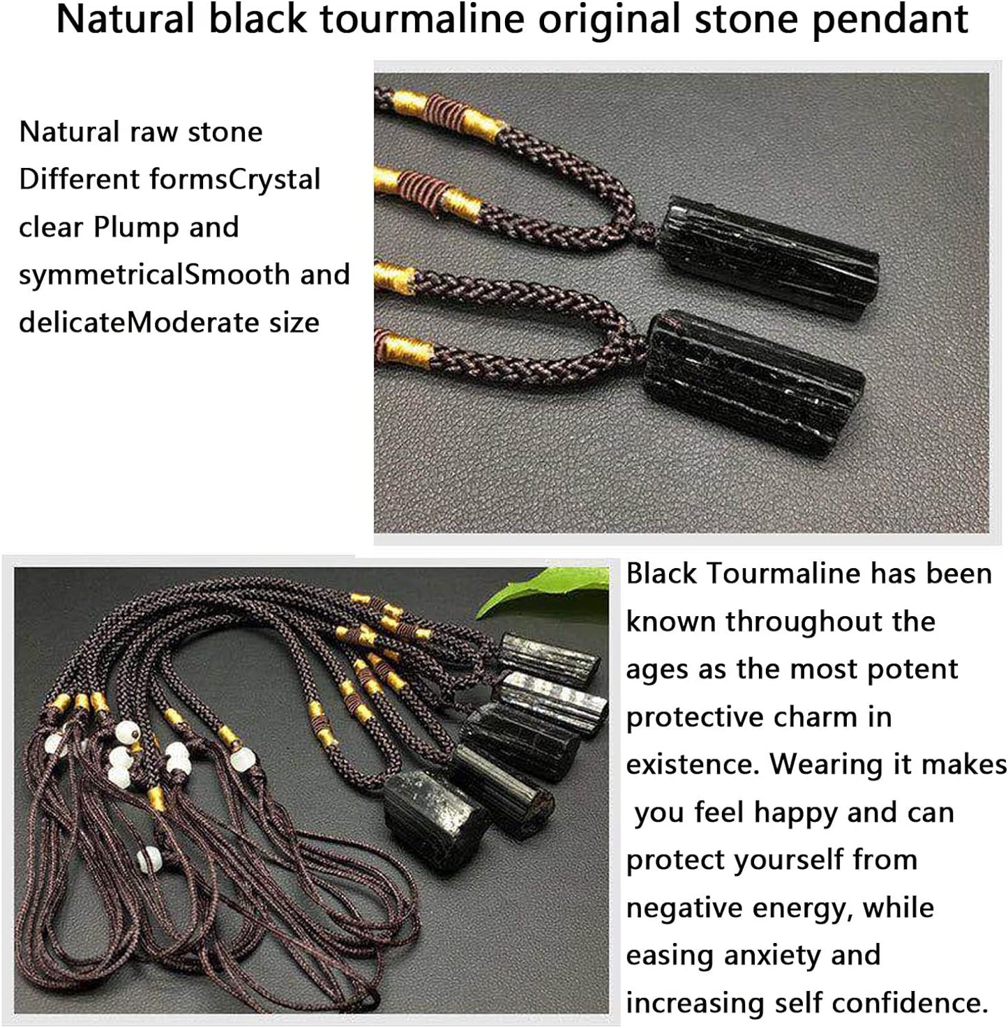 Black Raw Tourmaline Crystal Stone Necklace Pendant Amulet Pillar Pendant+Triple Protection Bracelet Hematite Obsidian Tiger Eye Bracelets for Men Women 2Pcs …