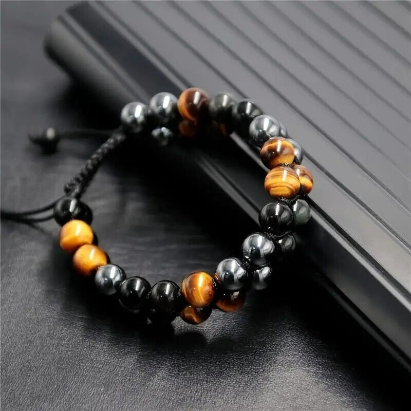 Men Bracelet Triple Protection Black Obsidian Hematite 8Mm Beads Bracelet