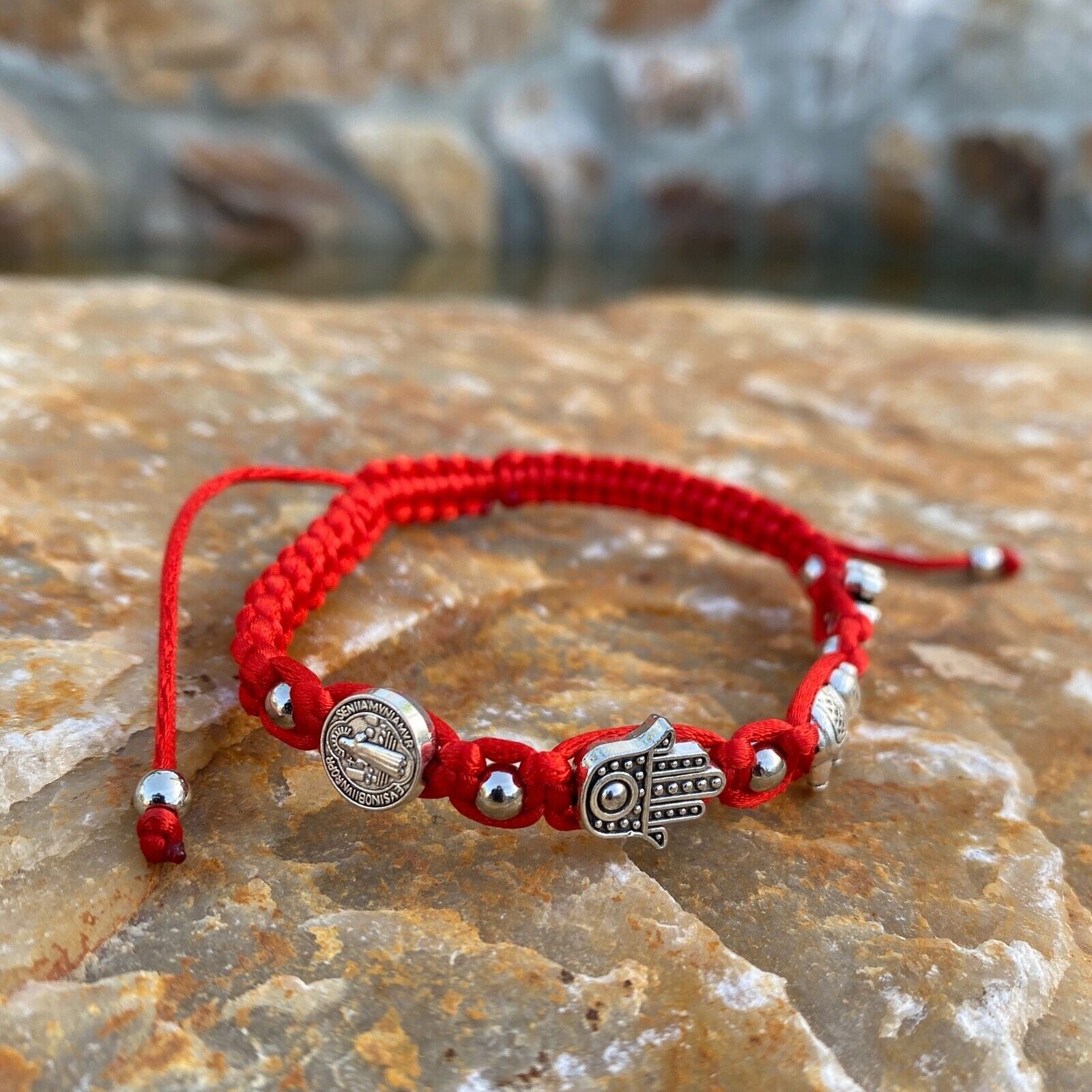 Red San Benito St Benedict Medal Hamsa Hand Elephant Four-Leaf Clover Bracelet