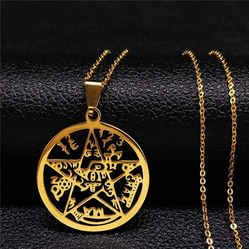 Witchcraft Pentagram Tetragrammaton Pendant Stainless Steel Necklace for Women Men Jewish Protection Tetragramaton Jewelry N425