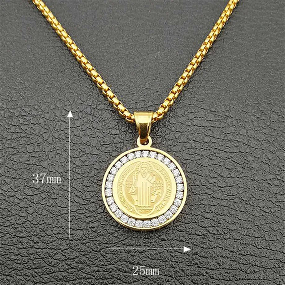 Hip Hop Iced Out San Benito Holy Medal Pendant with Chain Gold Color Stainless Steel Jesus Necklace Religious Jewelry