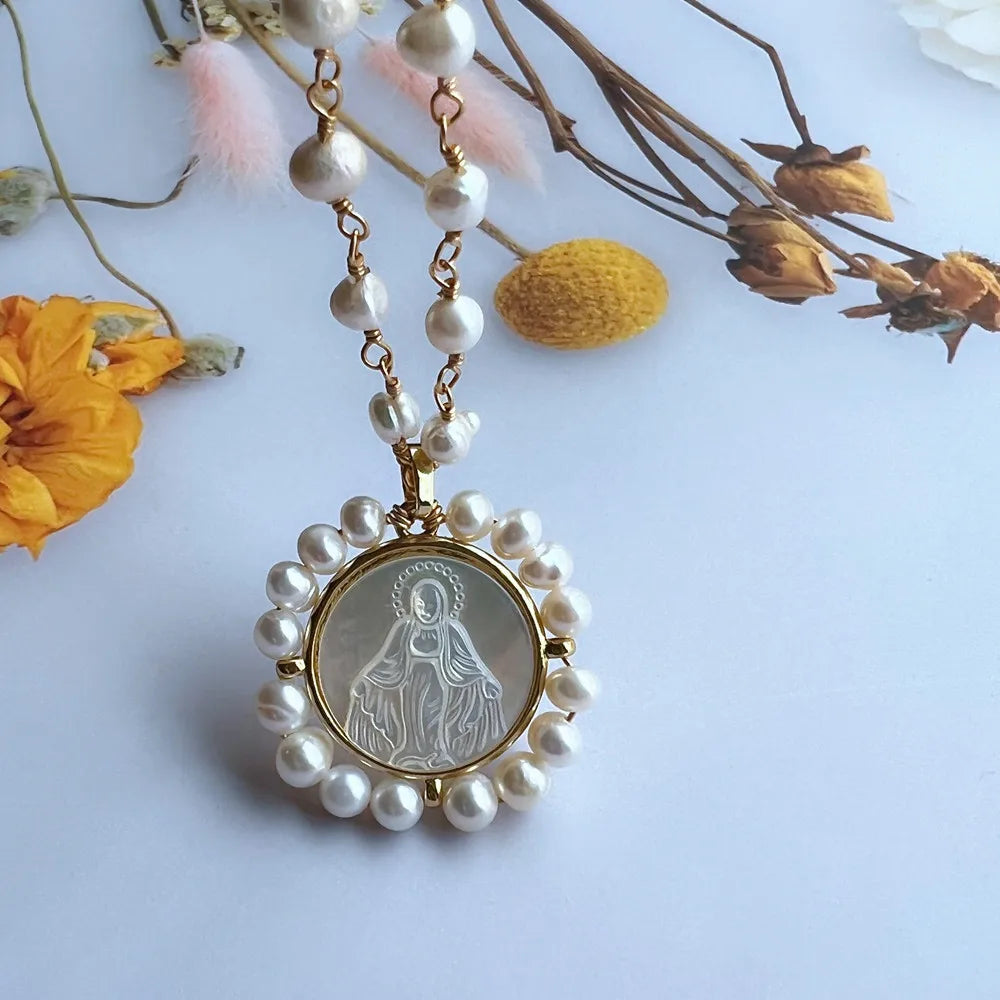 Natural Freshwater Pearl Virgin Mary Charms Necklace Natural Mother Pearl Shell Religious Medals San Benito Necklace for Gift