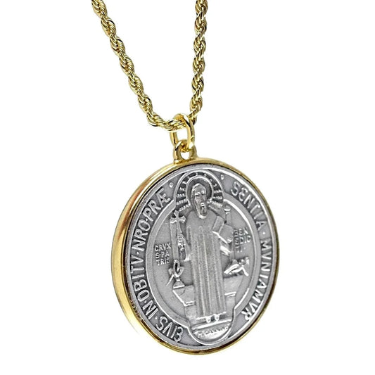 Medalla De San Benito Necklace 48Mm Medal Saint St Benedict Catholic Pendant 24" X 3MM Rope Chain