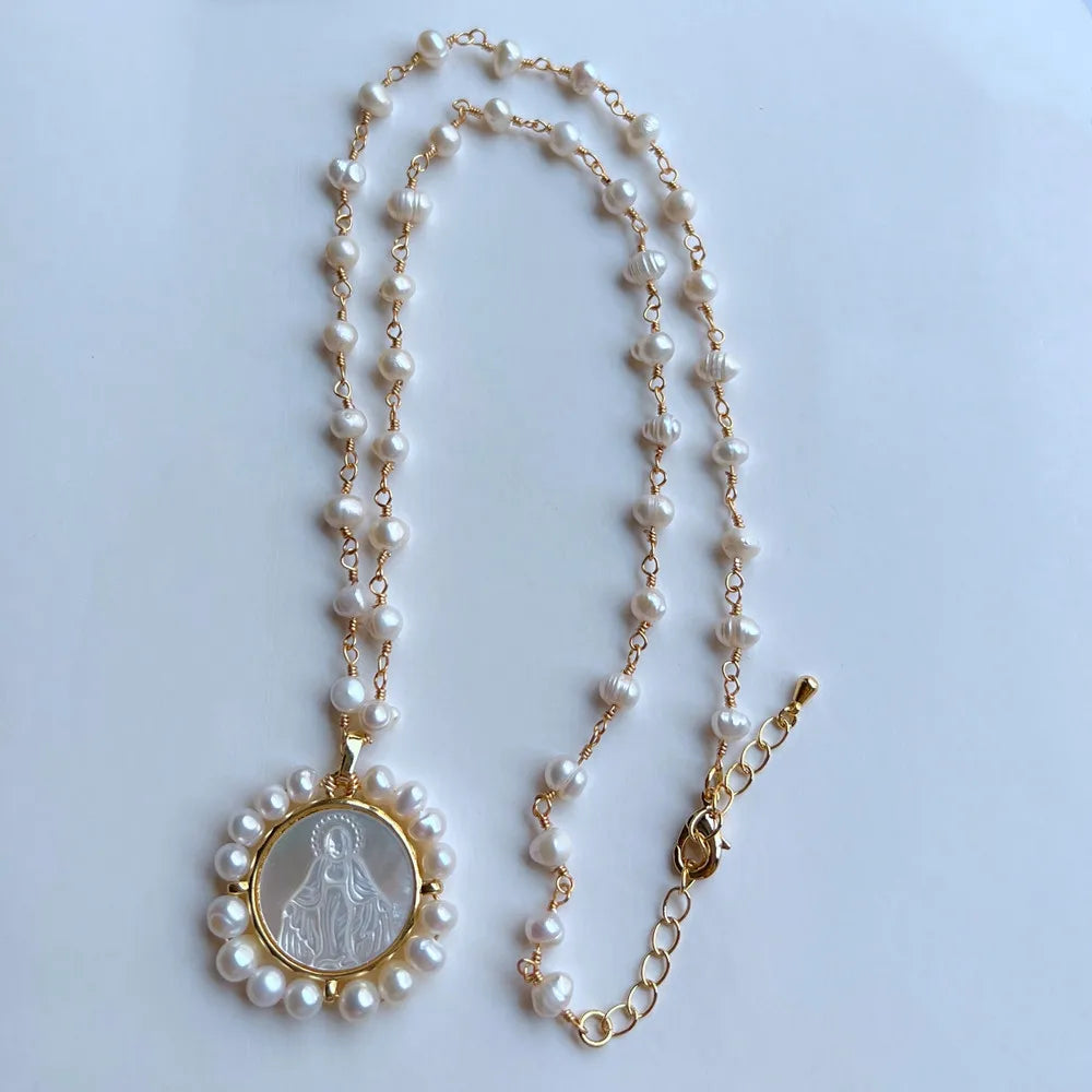 Natural Freshwater Pearl Virgin Mary Charms Necklace Natural Mother Pearl Shell Religious Medals San Benito Necklace for Gift