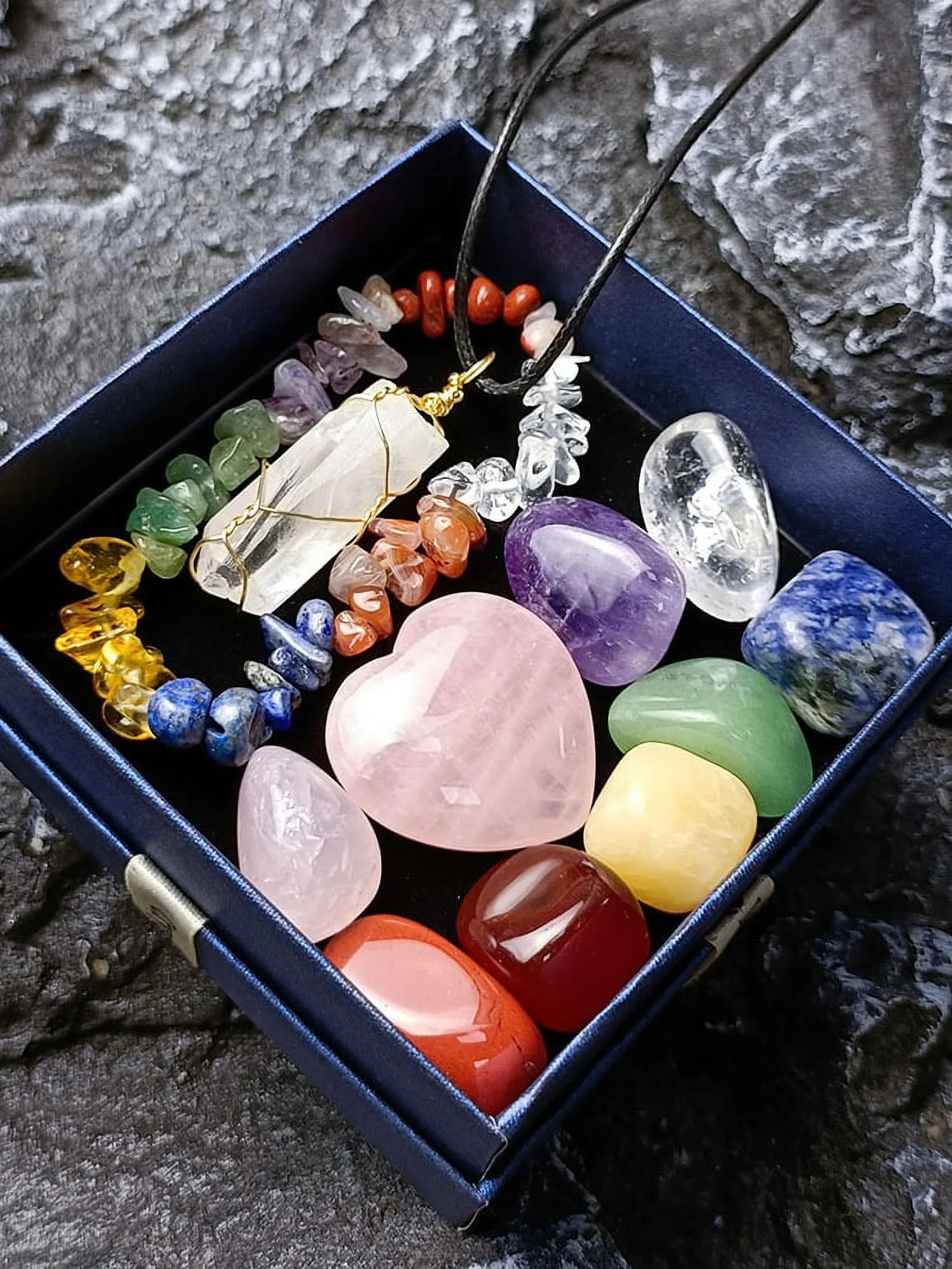 Healing Crystals Set with Gift Box Pendant and Bracelet Crystals and Gemstones Healing Set for Beginners Natural Chakra Stones Set