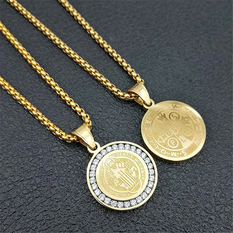 Hip Hop Iced Out San Benito Holy Medal Pendant with Chain Gold Color Stainless Steel Jesus Necklace Religious Jewelry