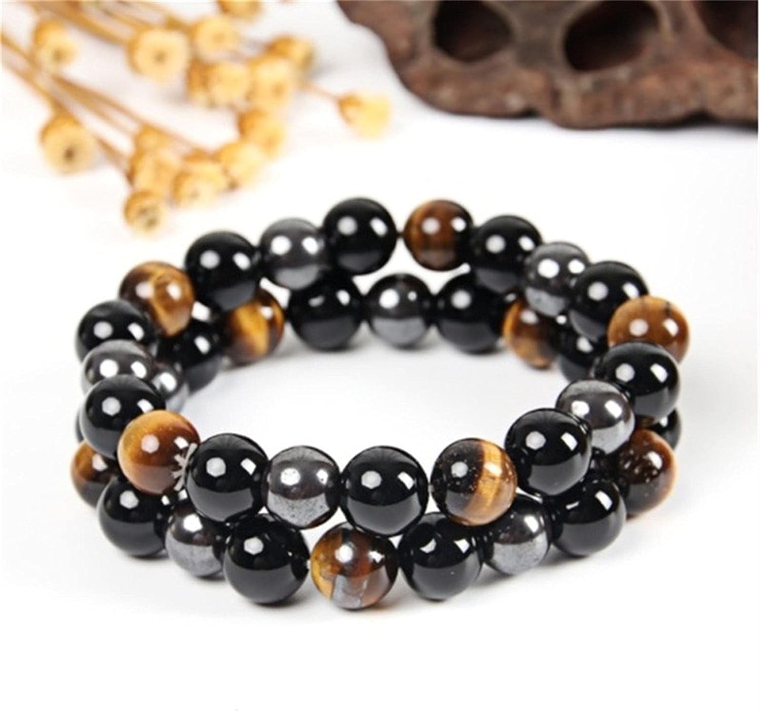 Triple Protection Bracelet for Bring Luck and Prosperity Hematite Black Obsidian Tiger Eye Stone Bracelets for Men Women, Beaded Buddha Healing Rope Uni Bracelet (2Pcs)