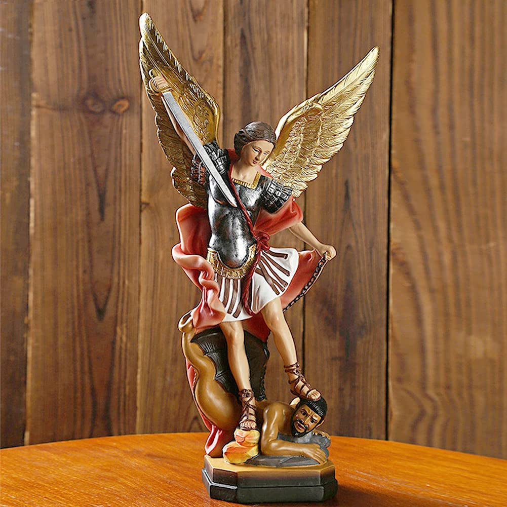 12.2 Inch St Michael Statue, Archangel Michael Statue, San Miguel Arcangel Statue,Michael Archangel Defeated Lucifer Tramples Demon Statue, Religious Collectible Angel Sculpture