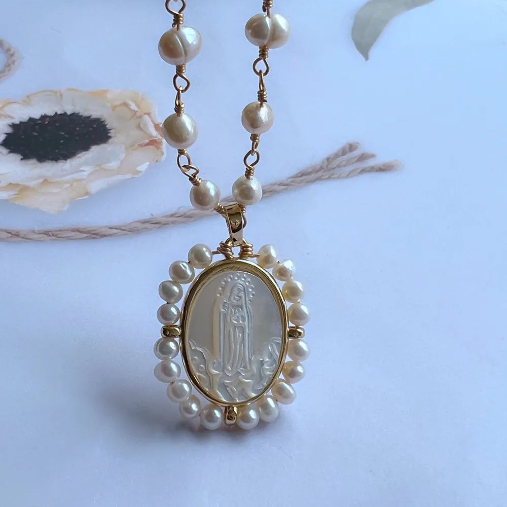 Promotion! Natural Freshwater Pearl Sacred Heart & Guadalupe Mother Pearl Necklace for Women Gift San Benito Medals with Pearls