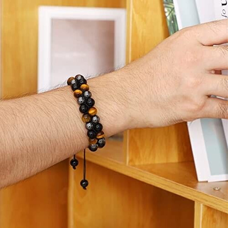 Triple Protection Tiger Eye Hematite Obsidian Beaded Healing Women Men Bracelet