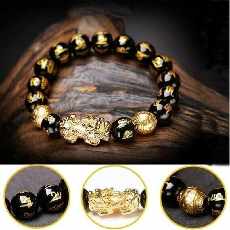 Feng Shui Black Obsidian Beads Bracelet Attract Wealth Good Luck Bangle Pixiu US