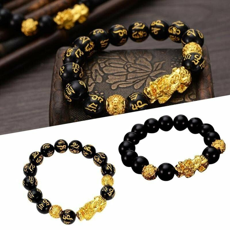 Feng Shui Black Obsidian Beads Bracelet Attract Wealth Good Luck Bangle Pixiu US