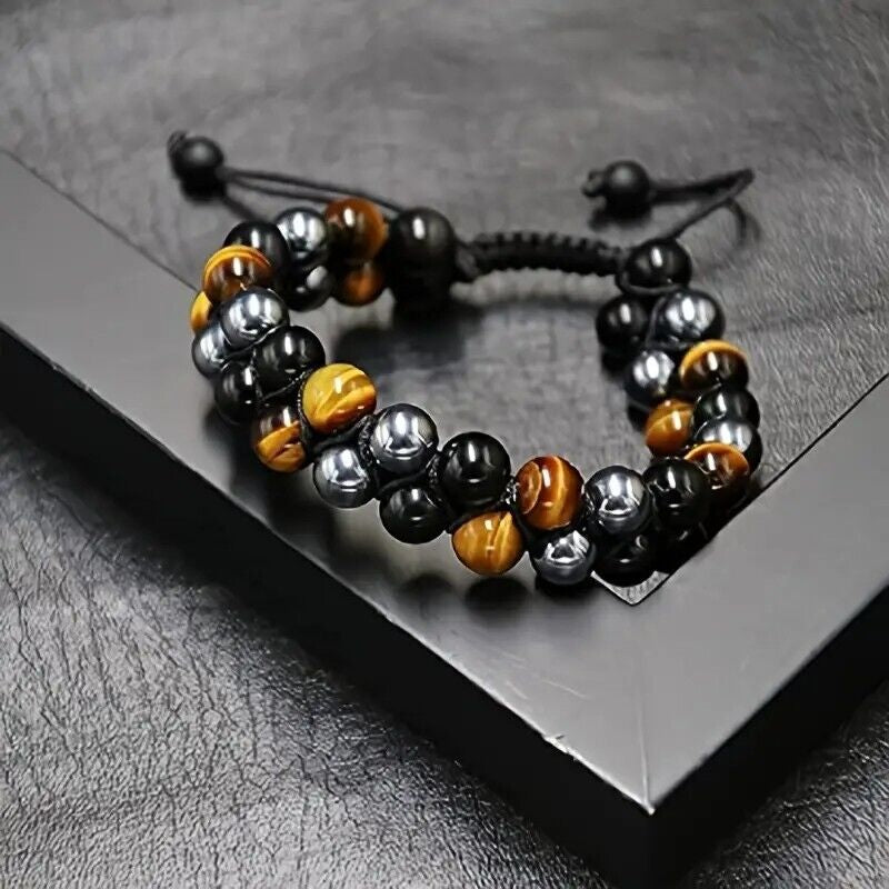 Men Bracelet Triple Protection Black Obsidian Hematite 8Mm Beads Bracelet