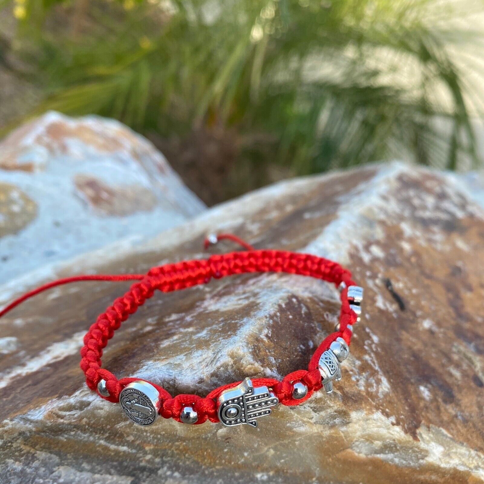 Red San Benito St Benedict Medal Hamsa Hand Elephant Four-Leaf Clover Bracelet