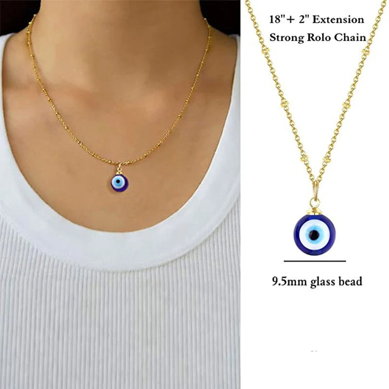 Evil Eye Chain Necklace Blue Eyes Amulet Pendant Necklace Ojo Turco Kabbalah Protection Delicate Jewelry Gift for Women Girls