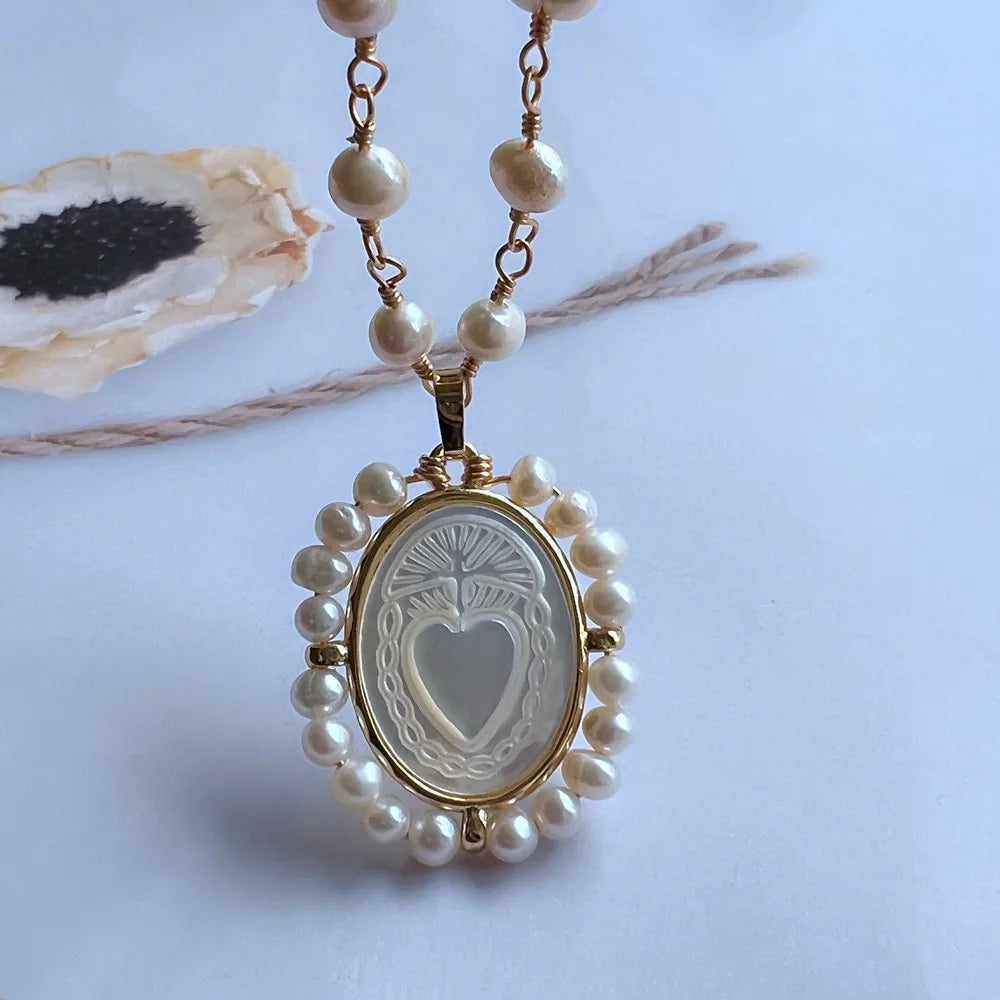 Promotion! Natural Freshwater Pearl Sacred Heart & Guadalupe Mother Pearl Necklace for Women Gift San Benito Medals with Pearls