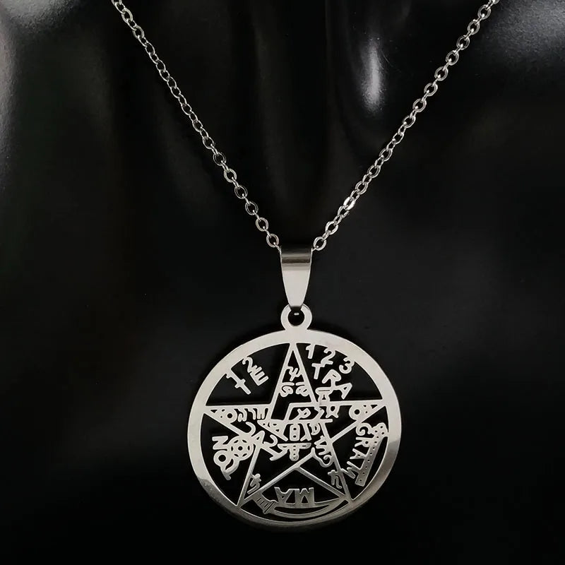 Witchcraft Pentagram Tetragrammaton Pendant Stainless Steel Necklace for Women Men Jewish Protection Tetragramaton Jewelry N425