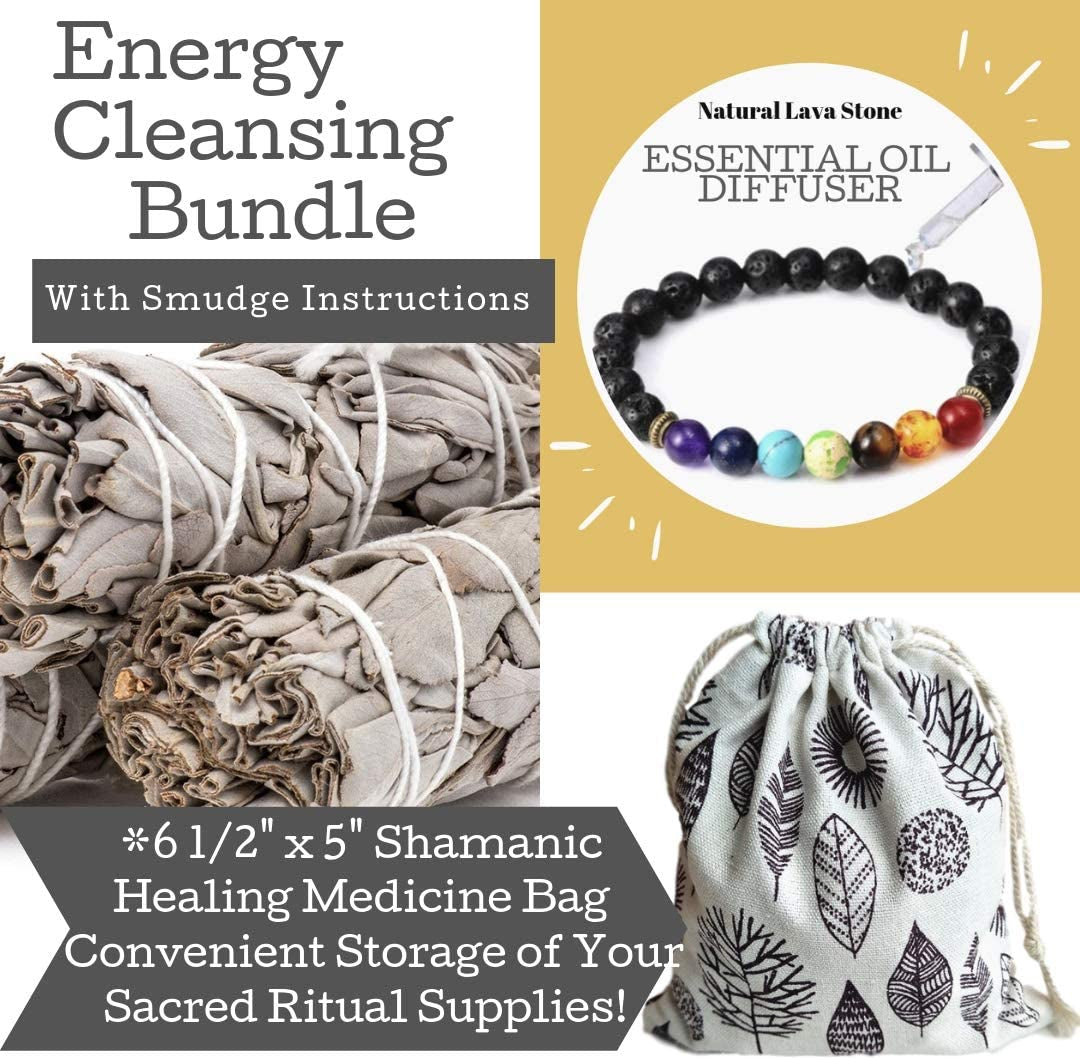 Sage Smudge Kit – 3 White Sage Smudge Sticks Smudging Kit, Sage Bundles & Bonus 7 Chakra Stones Diffuser Bracelet Set,Sage Incense Sticks for Cleansing, Bag, Instructions, Positive Vibes Charitable!