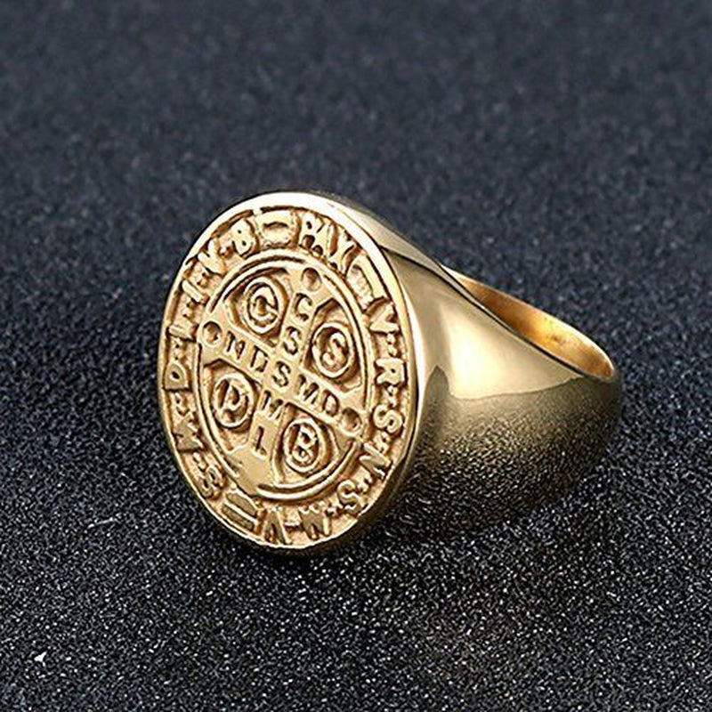 Anillo De San Benito De Oro De Acero Inoxidable Para Hombre, Size 10